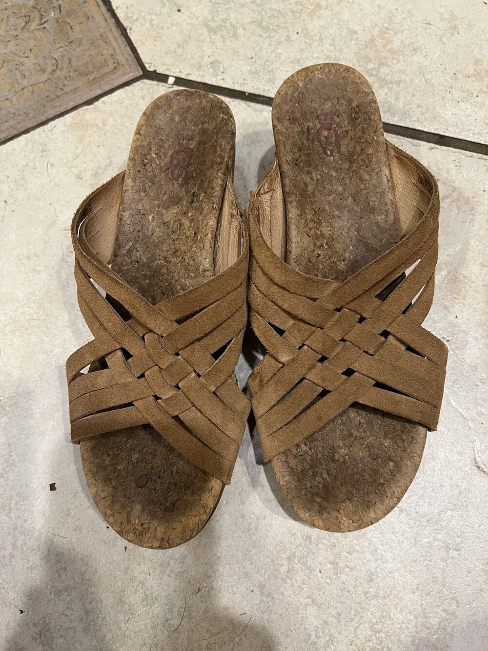 Ugg Sandals Women’s Sz 8.5 Lilah Weave Strappy Wedge Slide Slip On Brown Suede